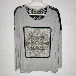 Democracy Women's XL Shirt Top Gray Black Lace Back Paisley